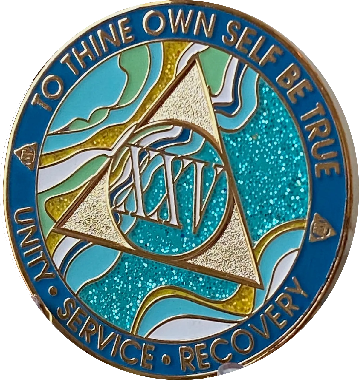 25 Year AA Medallion Elegant Caribbean Aqua Glitter Teal Marble Gold Sobriety Chip