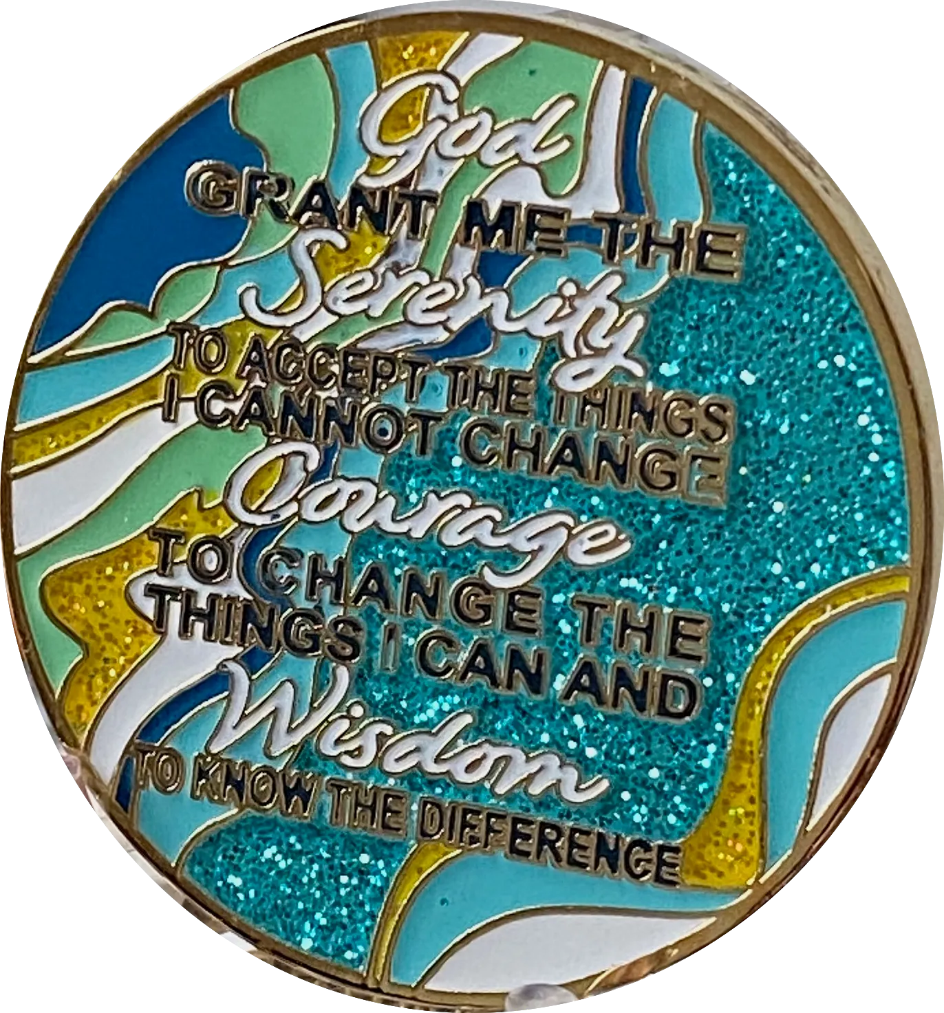 25 Year AA Medallion Elegant Caribbean Aqua Glitter Teal Marble Gold Sobriety Chip