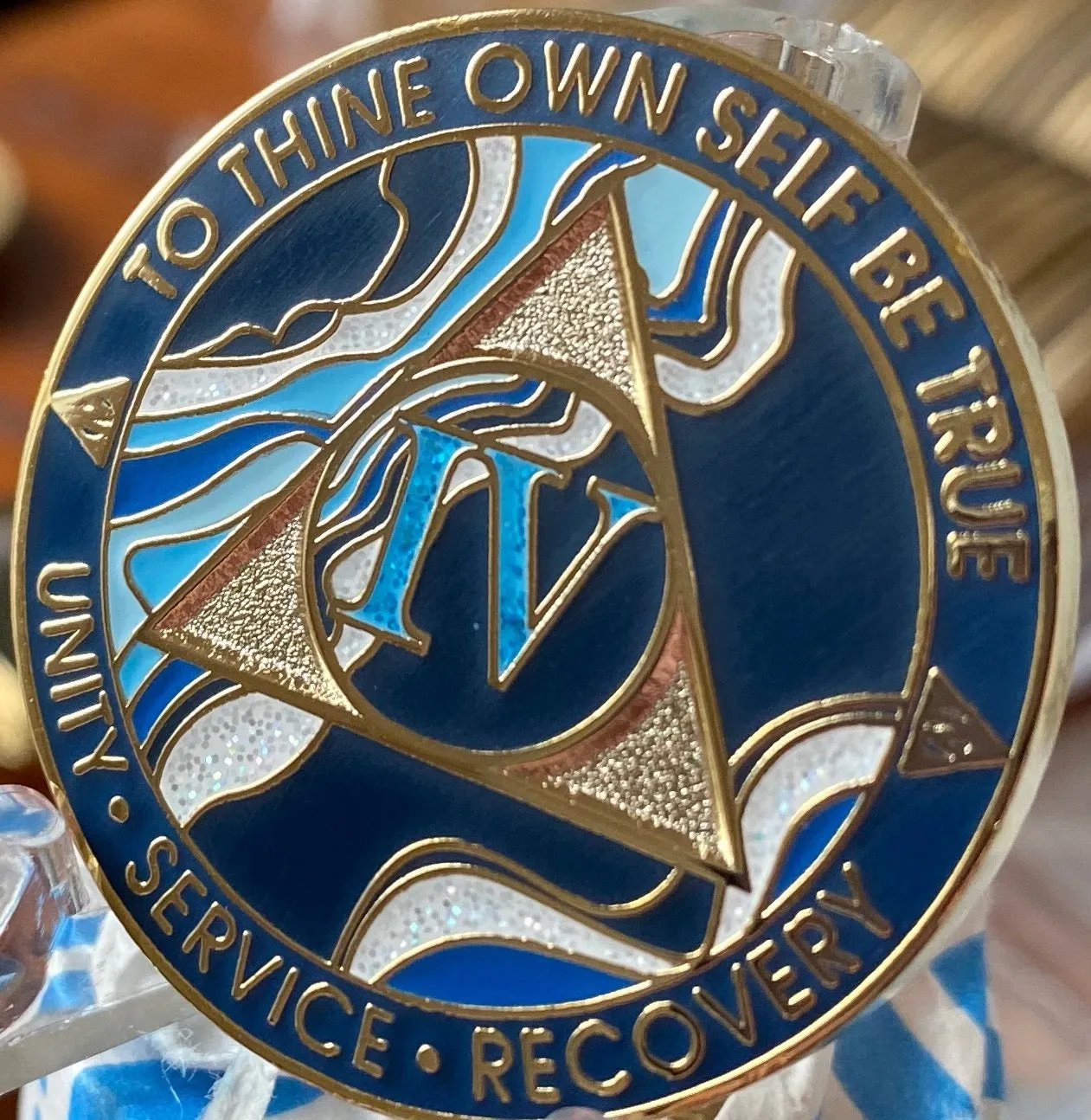 4 Year AA Medallion Elegant Navy Blue Marble Gold Sobriety Chip