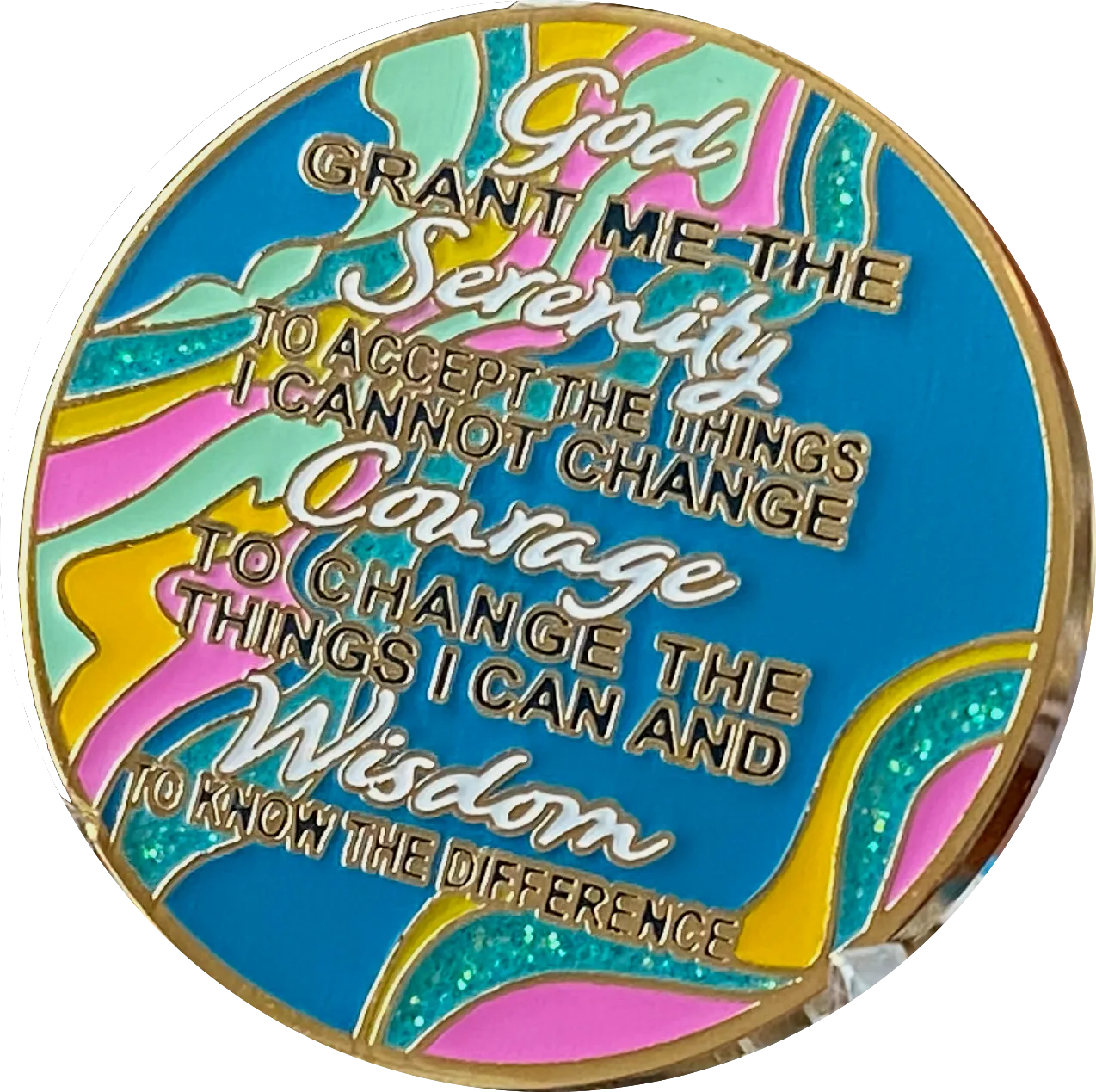 44 Year AA Medallion Elegant Tahiti Teal Blue and Pink Marble Gold Sobriety Chip