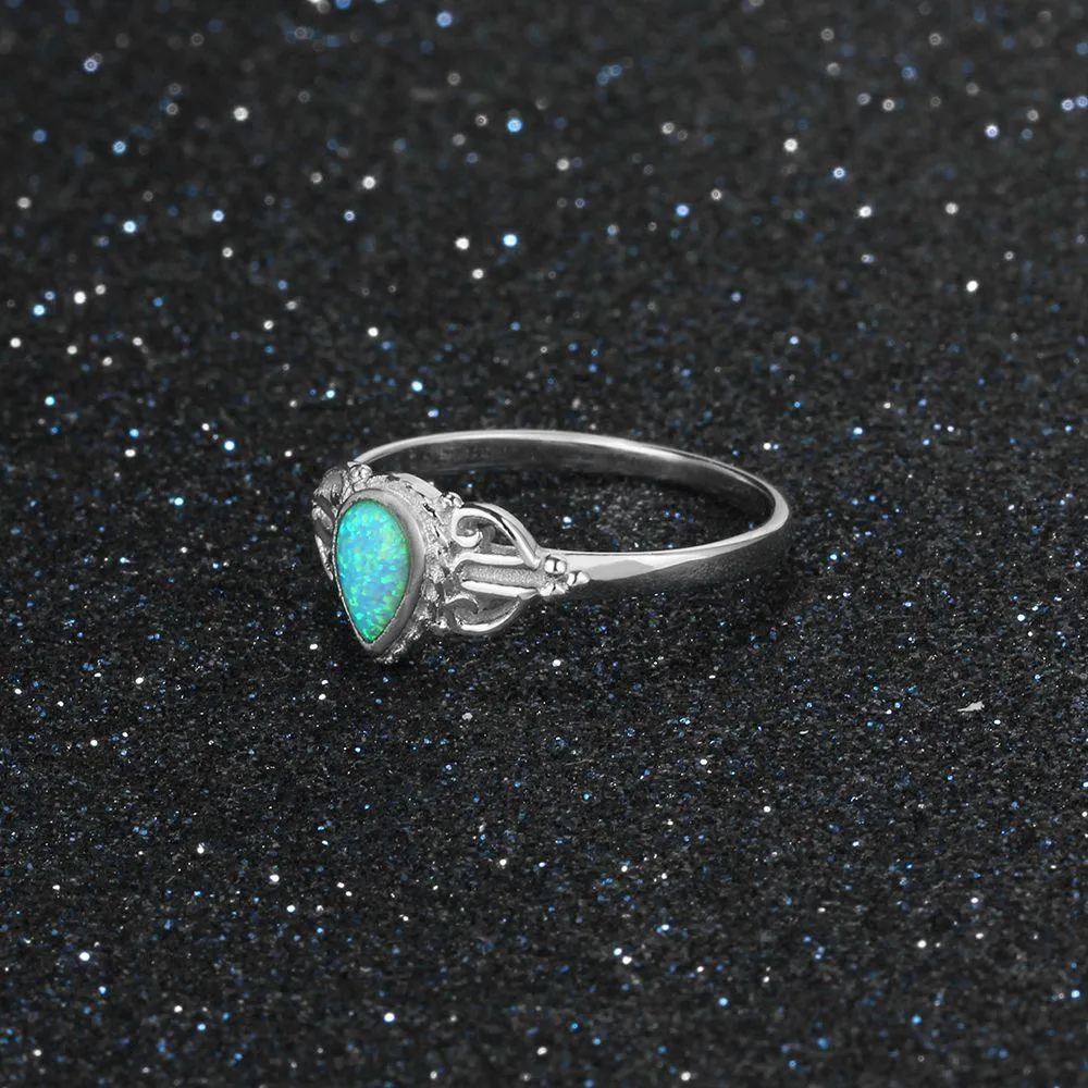 925 Water Drop Shape Opal Stone Sterling Silver Elegant Rings
