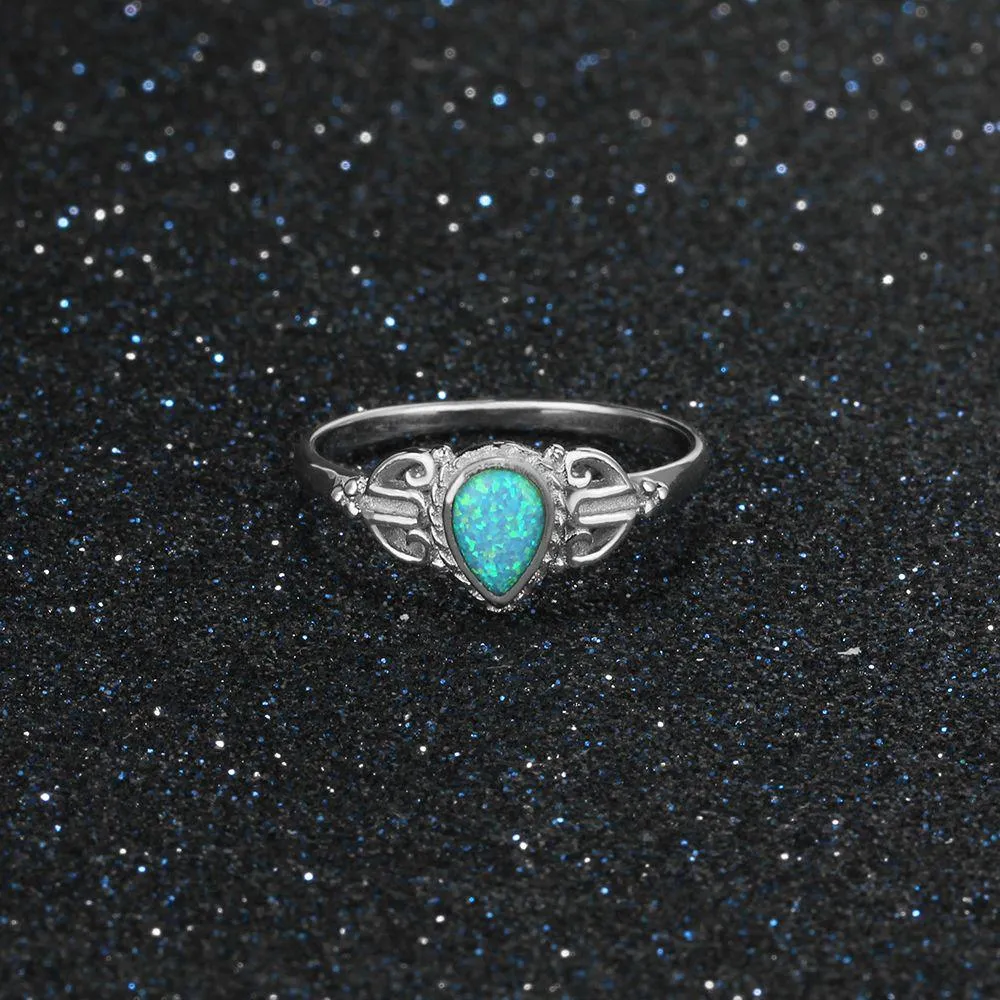 925 Water Drop Shape Opal Stone Sterling Silver Elegant Rings