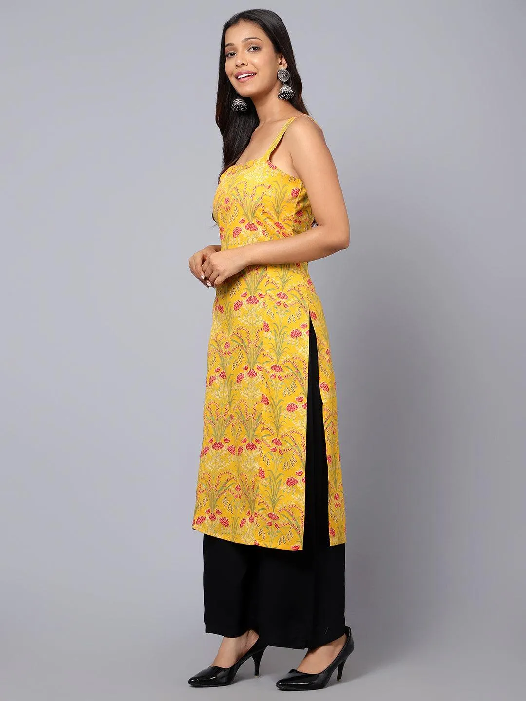Bani Women Womens Printed Cut Sleeve Kurti with Adjuster Yellow