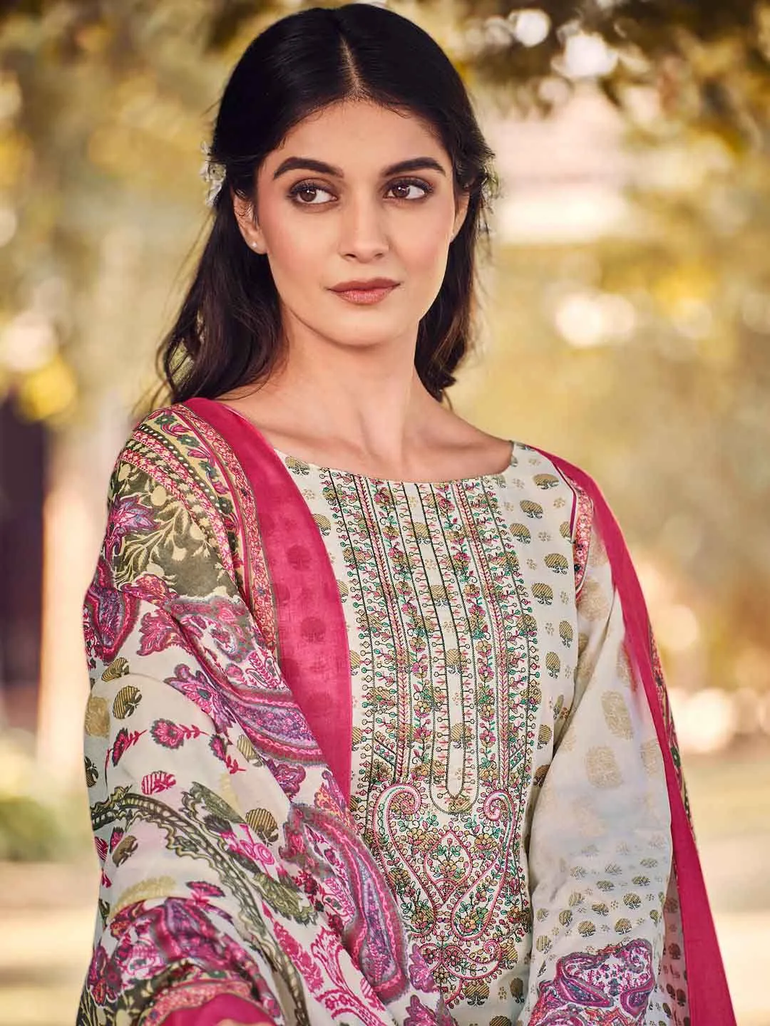 Belliza Pakistani Print Pink Unstitched Cotton Suit Dress Material