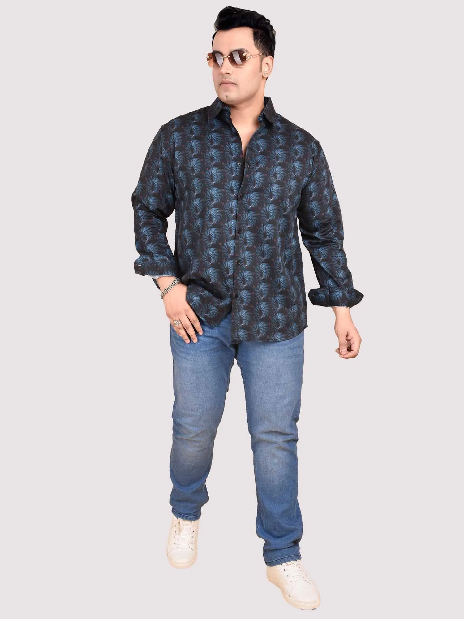 Black and Blue Abstract Flower Printed Cotton Full Sleeve Men's Plus size