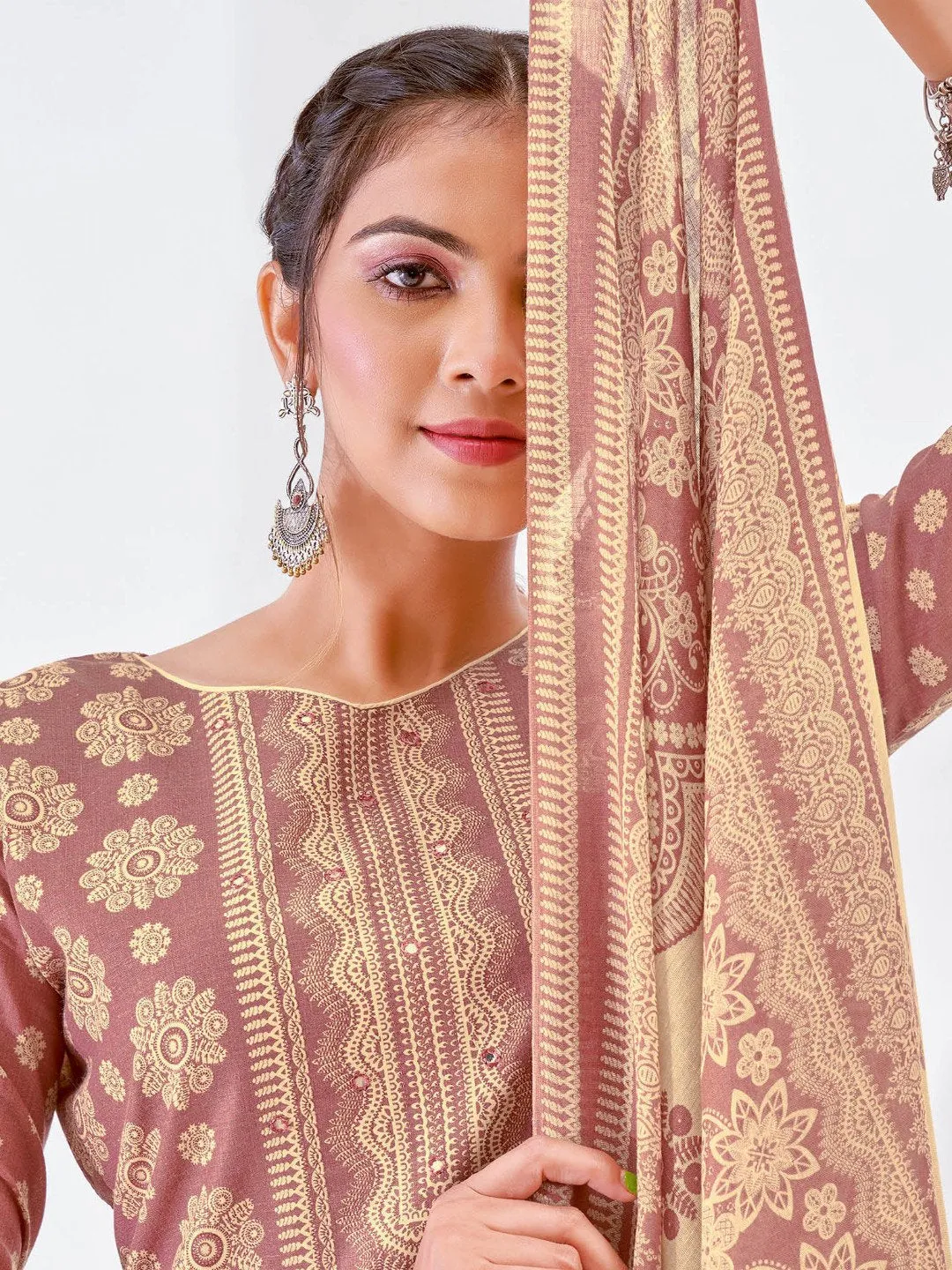 Brown Printed Cotton Unstitched Suit Material