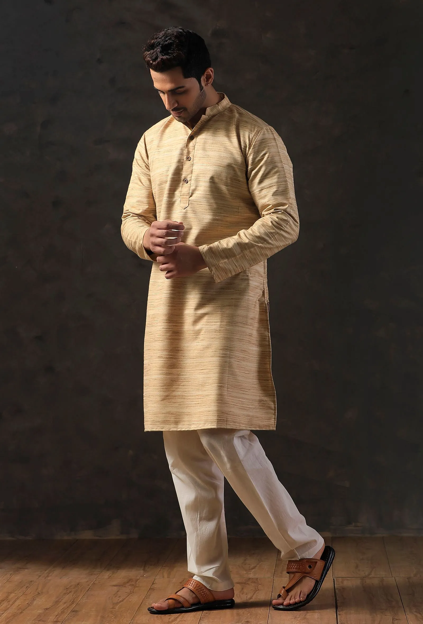Cream Beige Silk Kurta with Cotton Pyjama