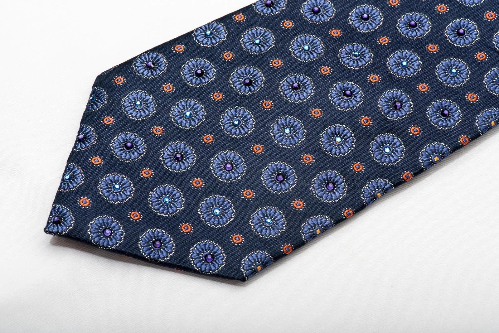 Daniel Hechter Men's Silk Tie Floral On Blue Sparkling With Rhinestones