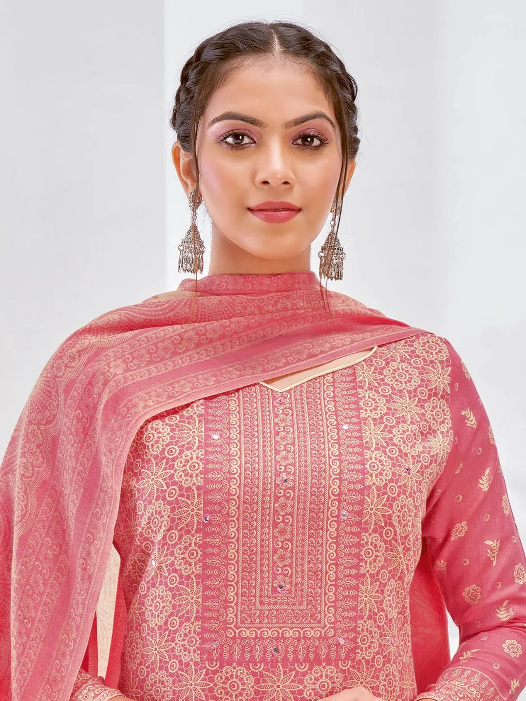 Dark Pink Cotton Printed Unstitched Suit Material