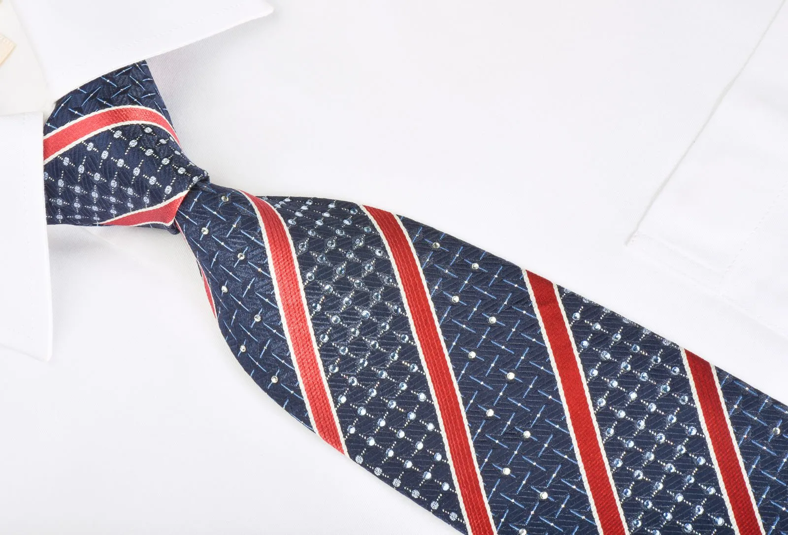 Dumonde Rhinestone Silk Necktie Red Stripes On Blue With Silver Sparkles