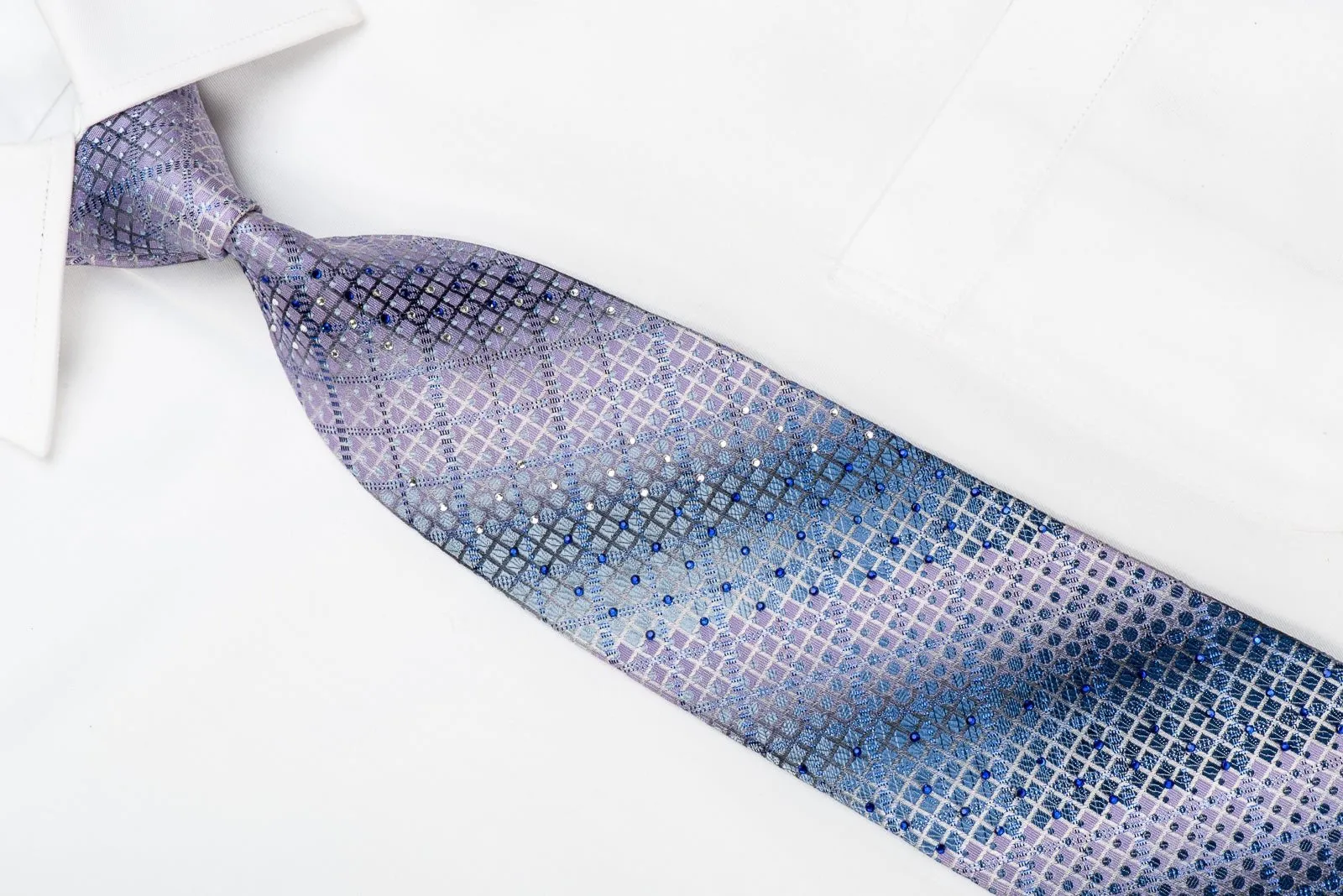 Emprise Men's Crystal Silk Necktie Mauve Blue Geometric With Blue Sparkles