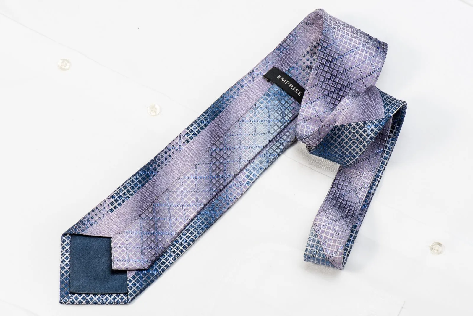 Emprise Men's Crystal Silk Necktie Mauve Blue Geometric With Blue Sparkles