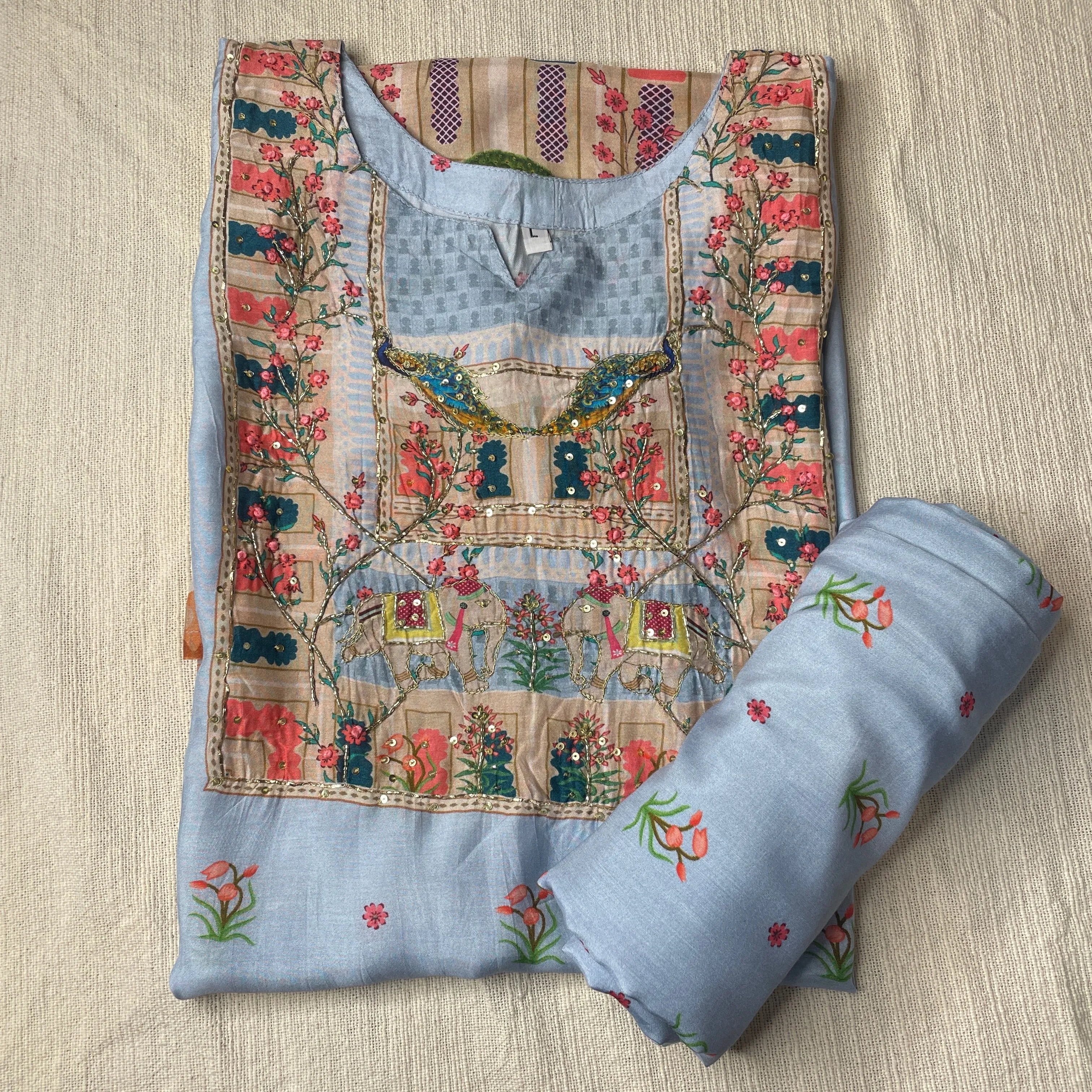 Exclusive Suit Set With Dupatta (Muslin silk) Blue CutDana Not Embroidery Fabric