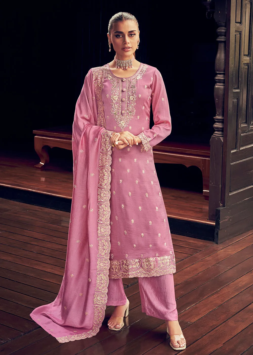 Festive Party Alluring Pink Embroidered Trendy Salwar Kameez