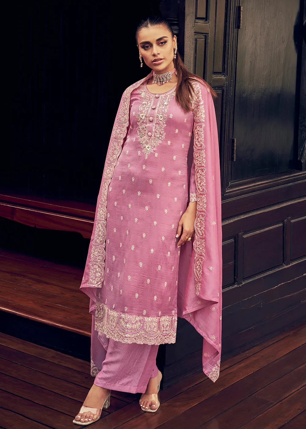 Festive Party Alluring Pink Embroidered Trendy Salwar Kameez
