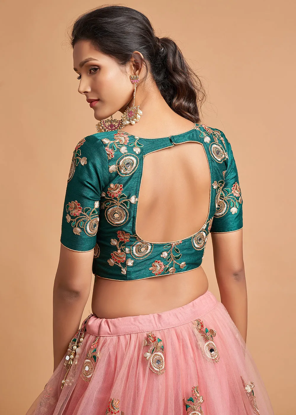 Green & Peach Stylish Embroidered A Line Lehenga Choli