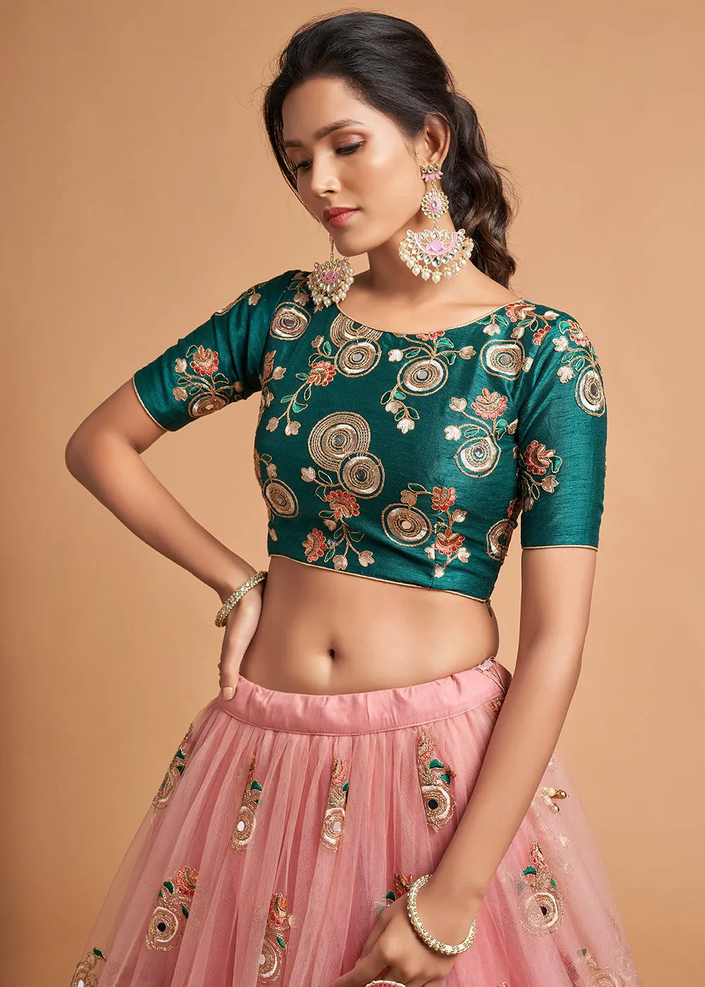 Green & Peach Stylish Embroidered A Line Lehenga Choli