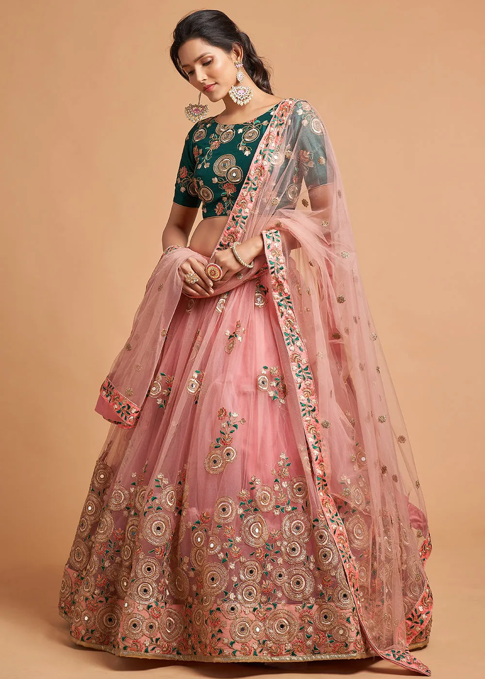 Green & Peach Stylish Embroidered A Line Lehenga Choli