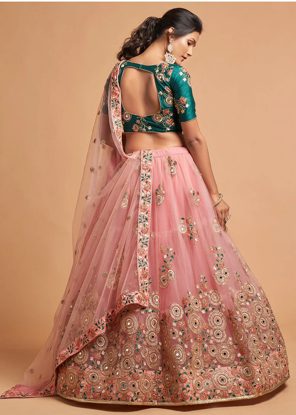 Green & Peach Stylish Embroidered A Line Lehenga Choli