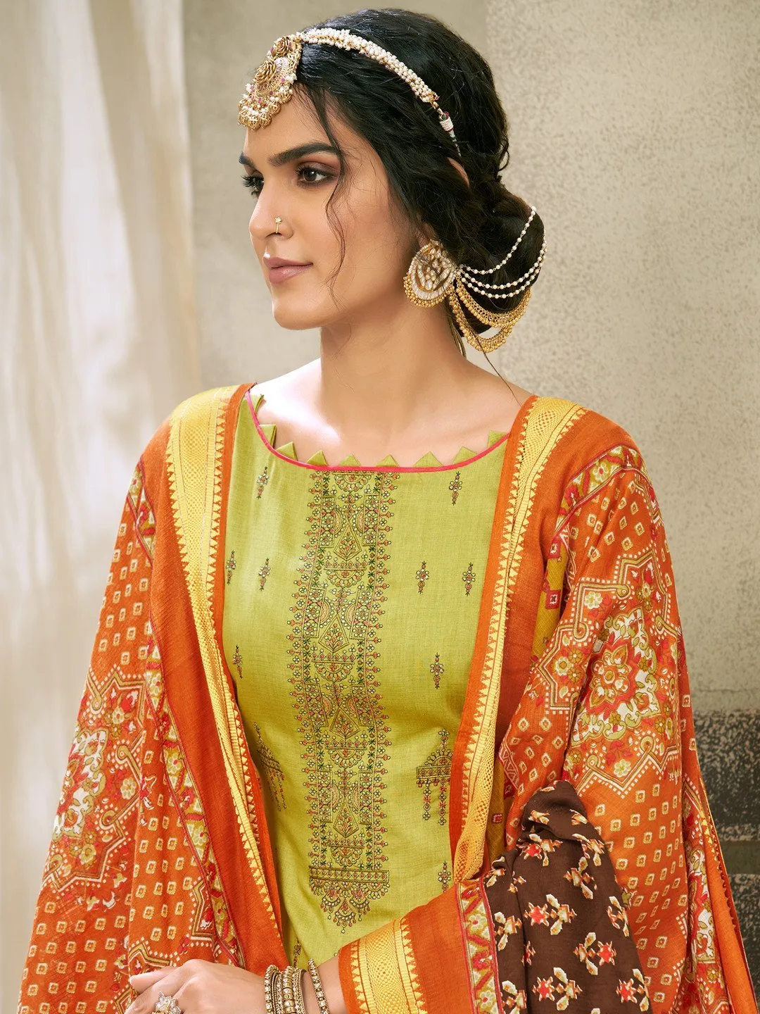 Green Cotton Embroidered Un-Stitched Palazzo Suit Set