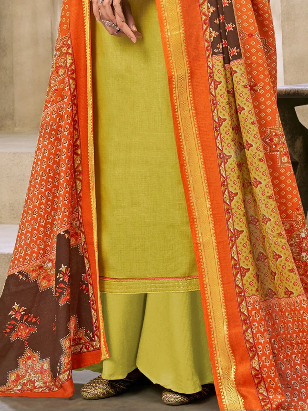 Green Cotton Embroidered Un-Stitched Palazzo Suit Set