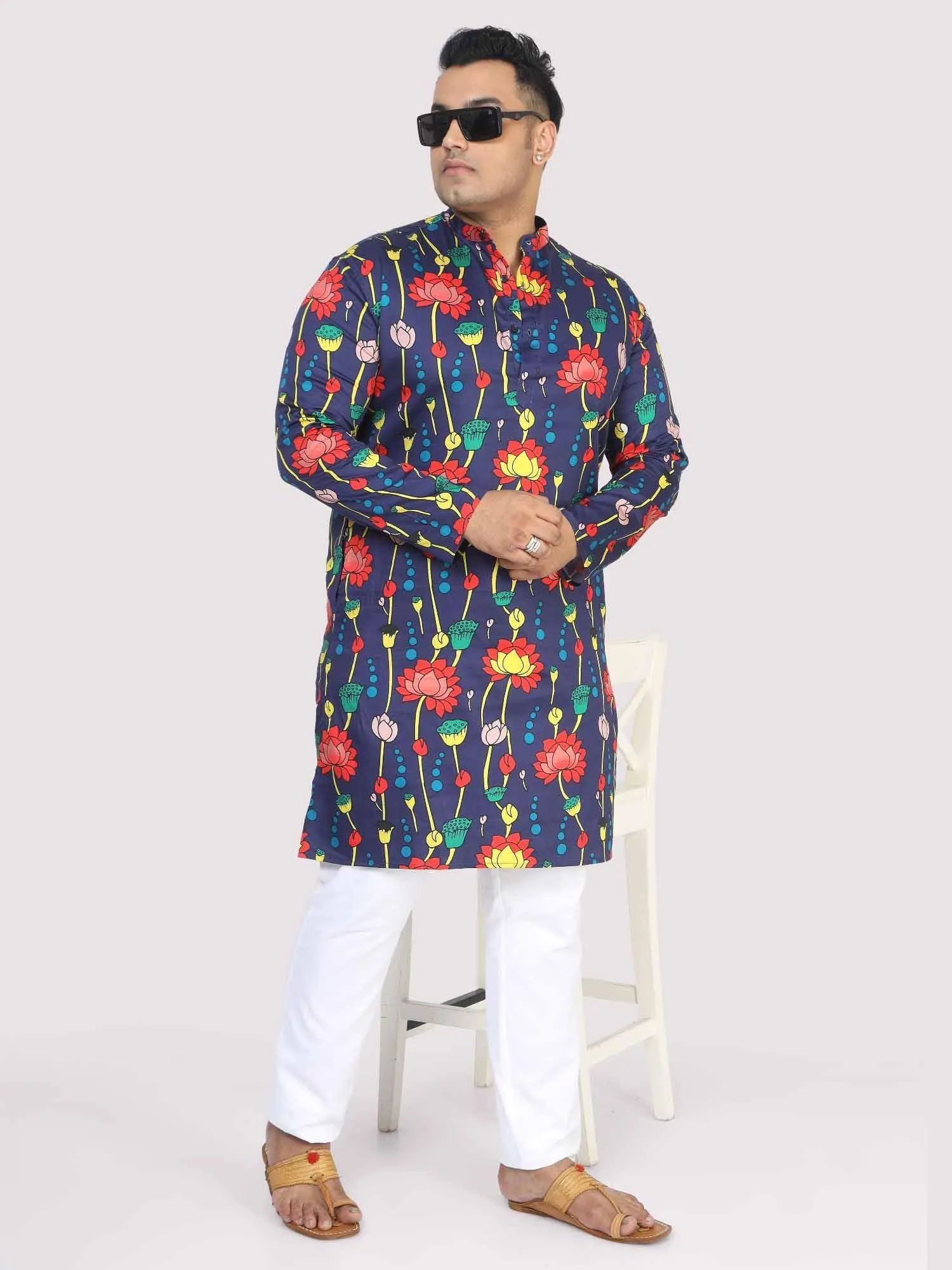 Men Plus Size Blue Lotus Digital Printed Kurta