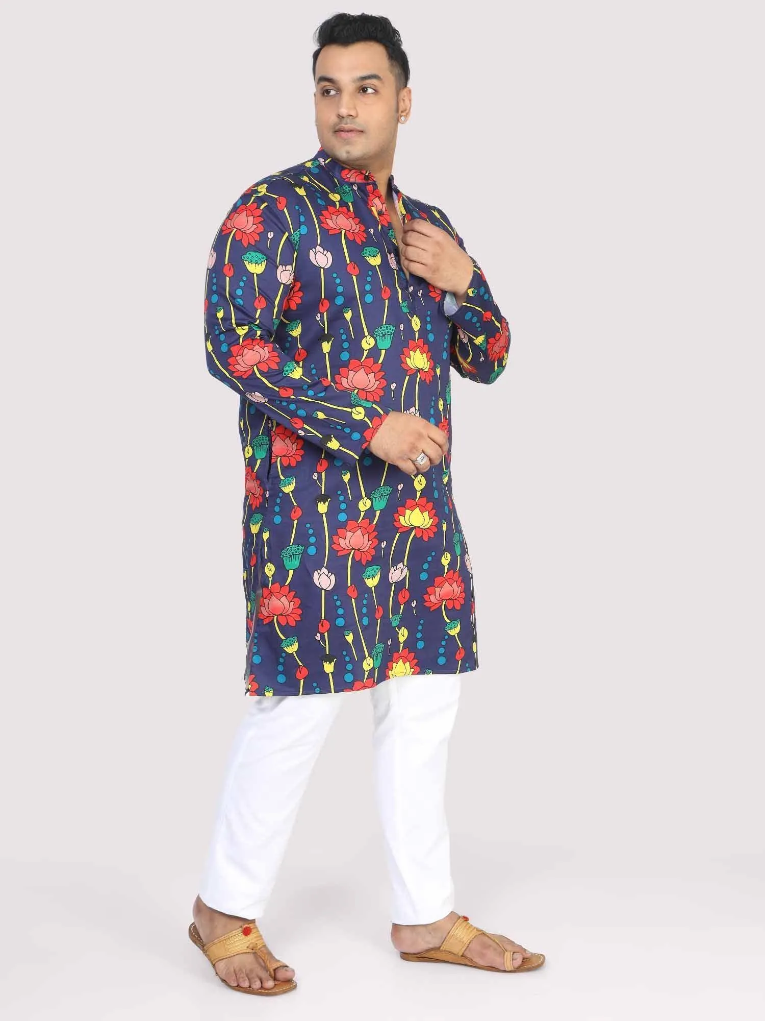 Men Plus Size Blue Lotus Digital Printed Kurta