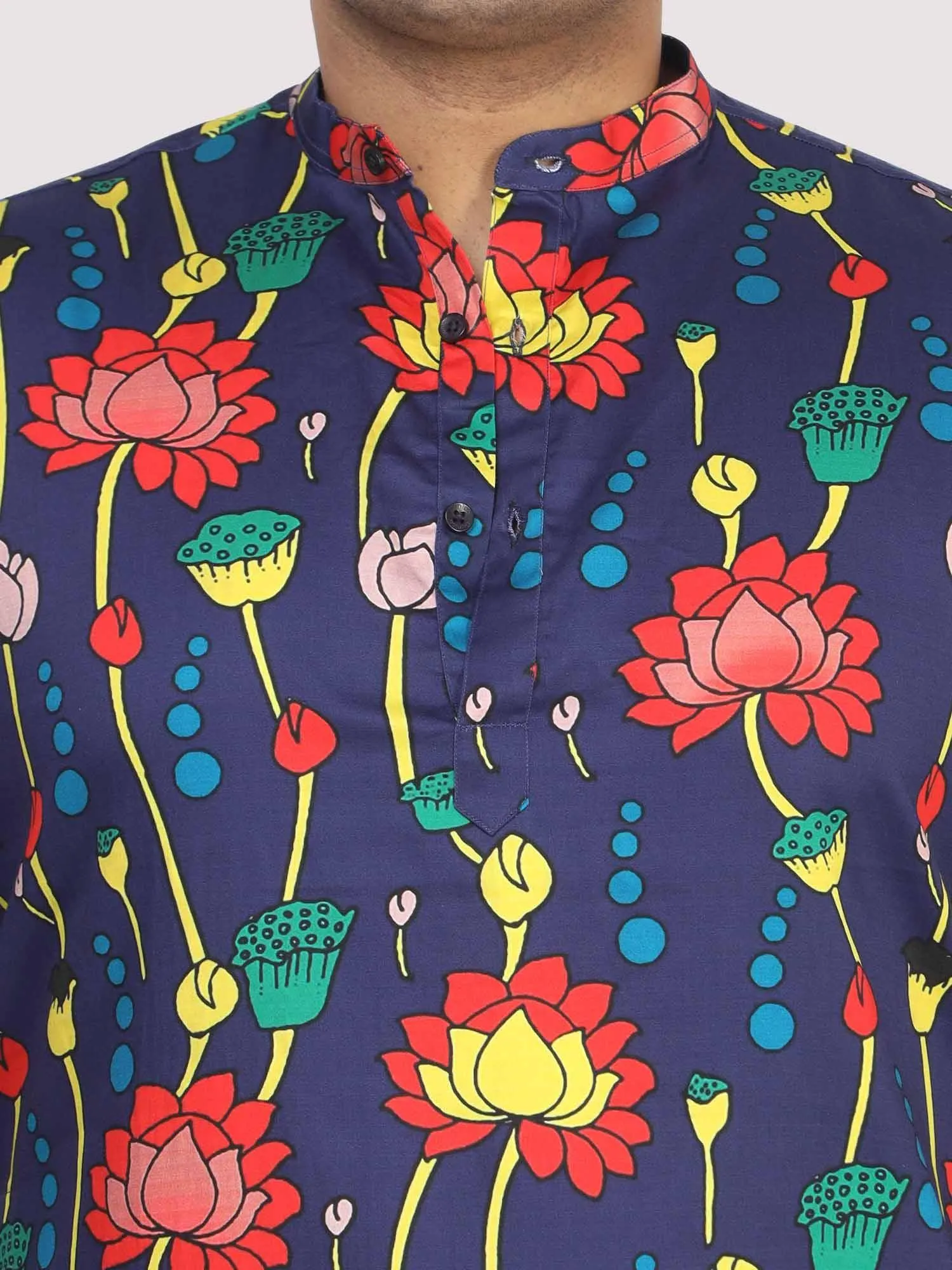 Men Plus Size Blue Lotus Digital Printed Kurta