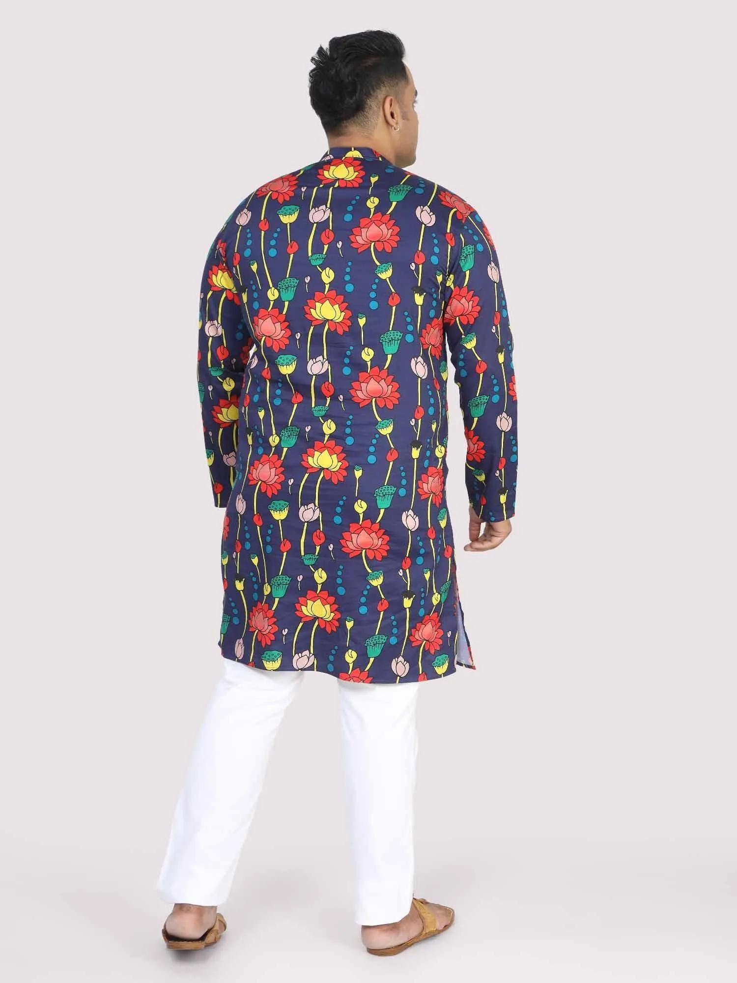 Men Plus Size Blue Lotus Digital Printed Kurta