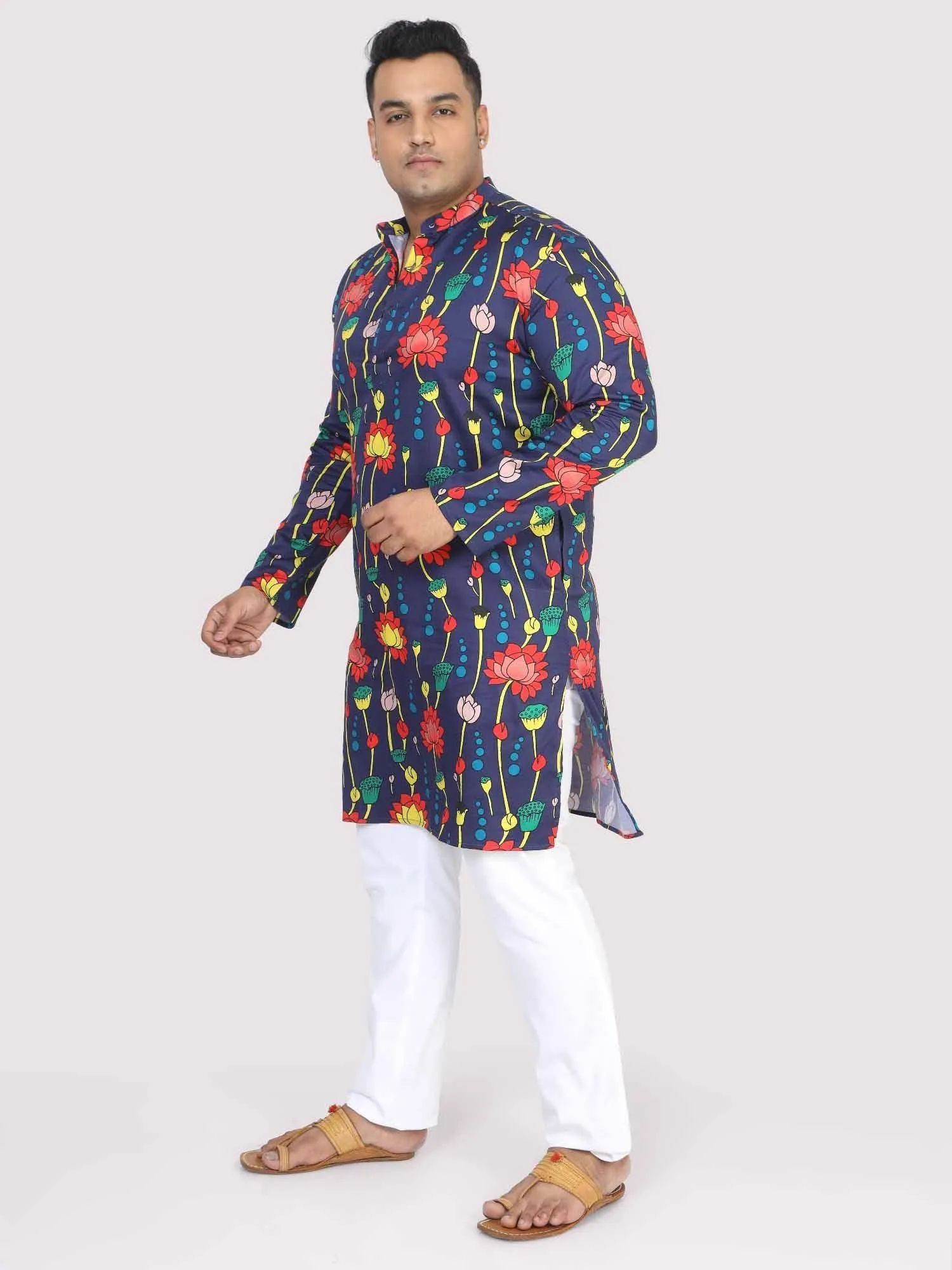 Men Plus Size Blue Lotus Digital Printed Kurta