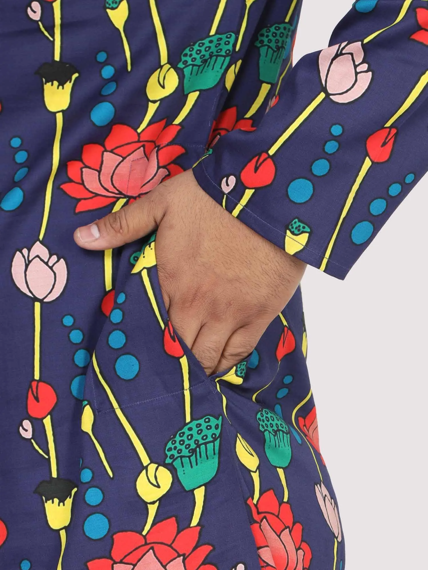 Men Plus Size Blue Lotus Digital Printed Kurta