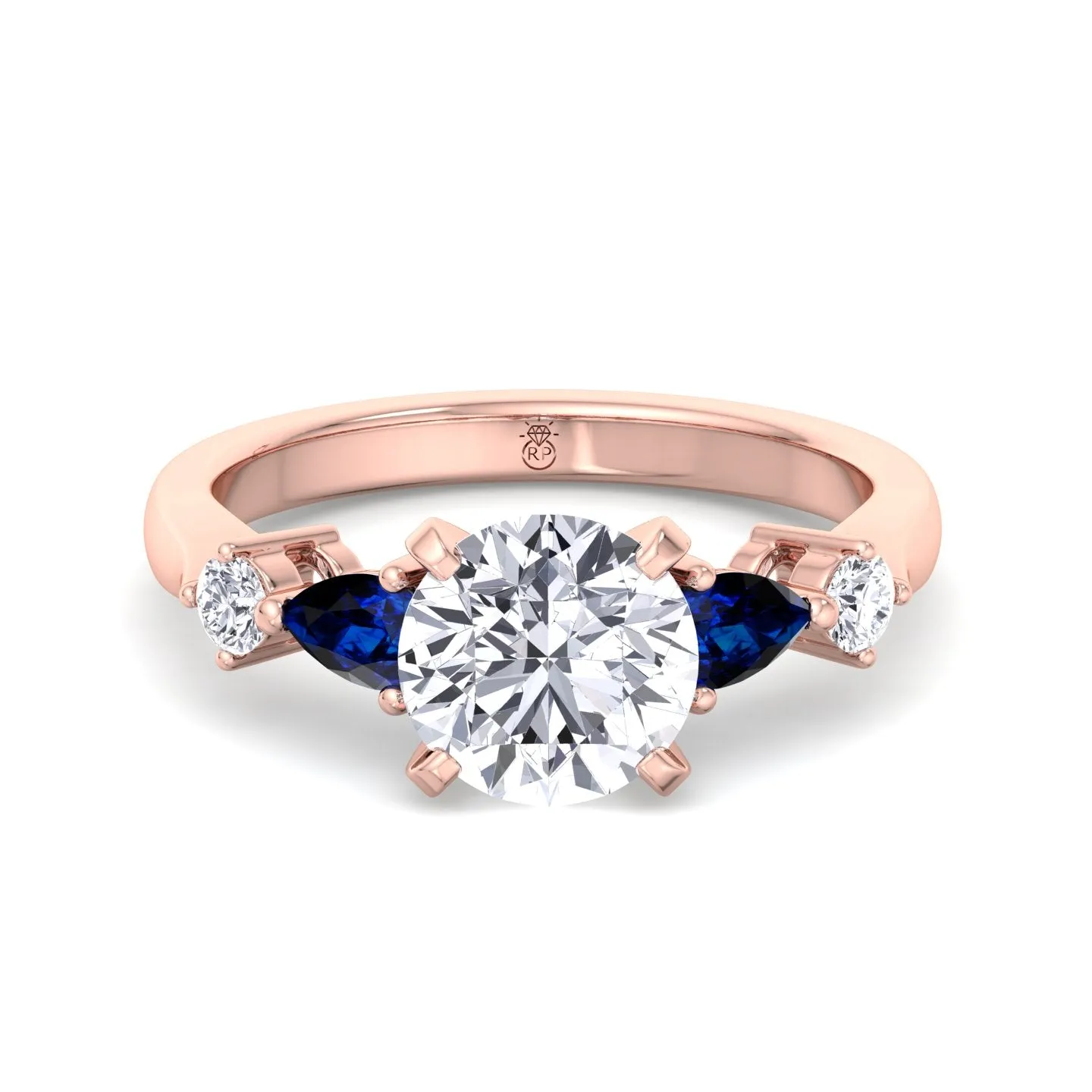 Monaca - Round Cut Engagement Ring with Blue Sapphire Pear Shape Sidestones