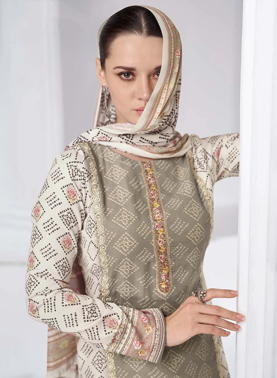 Mumtaz Arts Cotton Satin Embroidered Unstitched Suit Dress Material