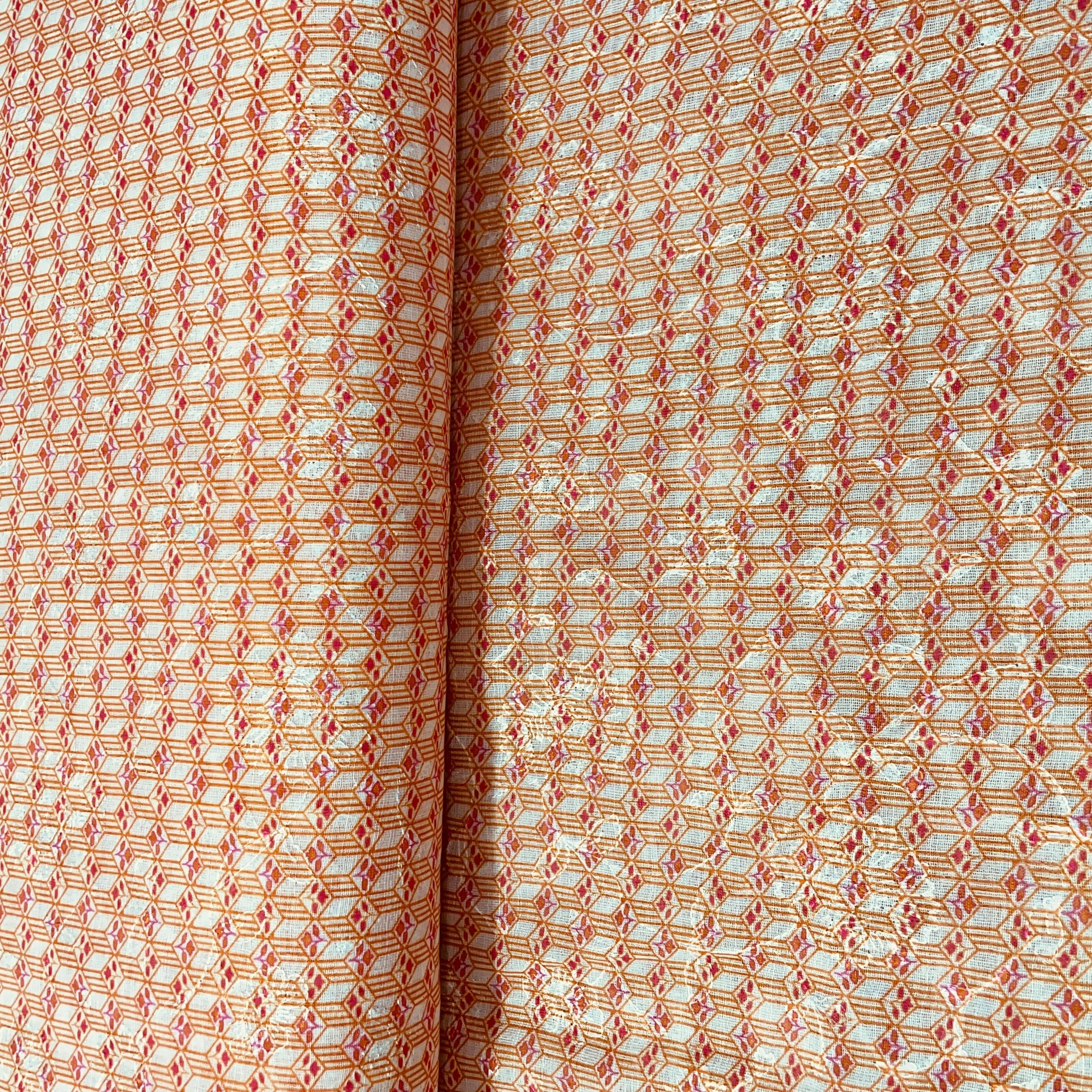 Orange Geometerical Print Sequins Embroidery Linen Fabric 34