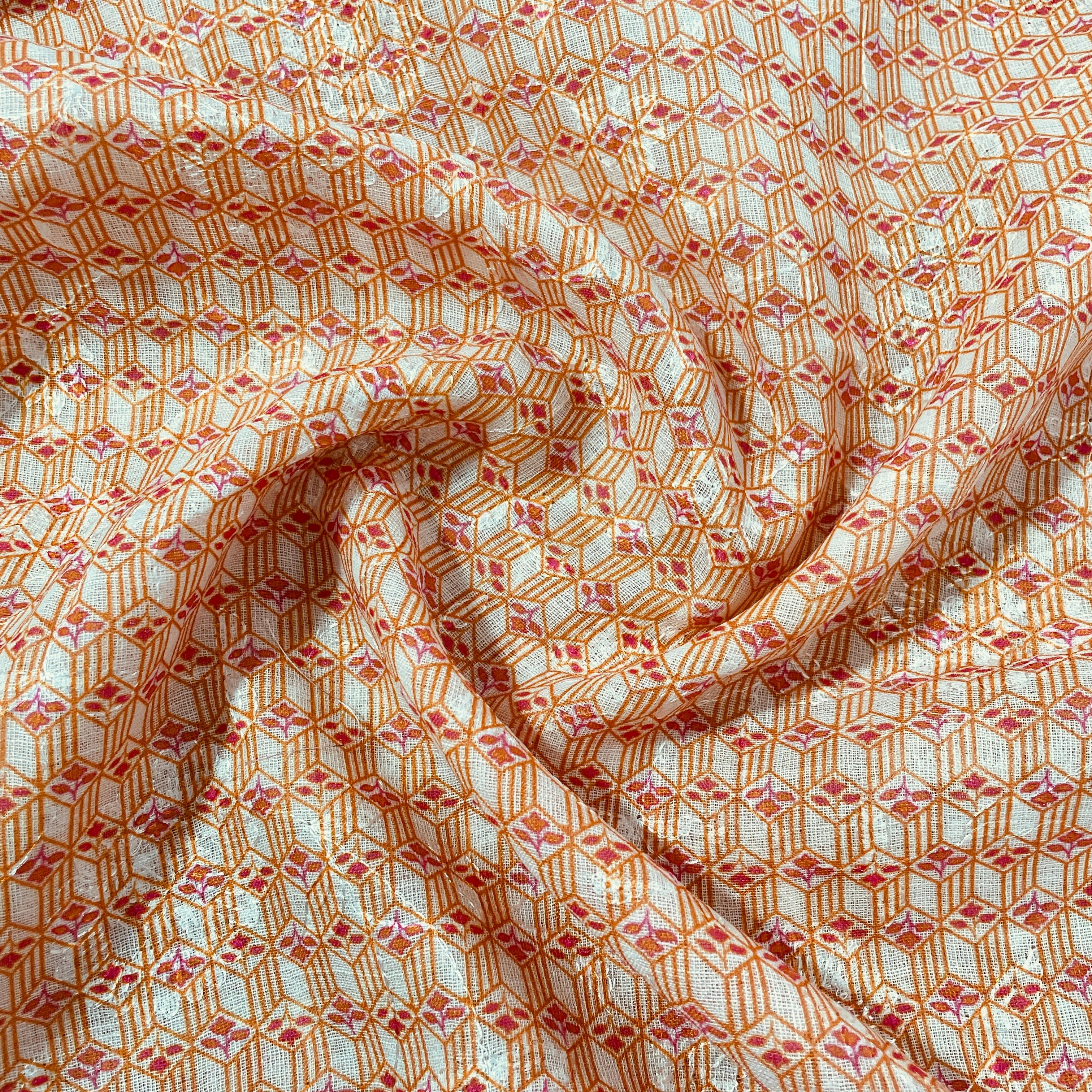 Orange Geometerical Print Sequins Embroidery Linen Fabric 34