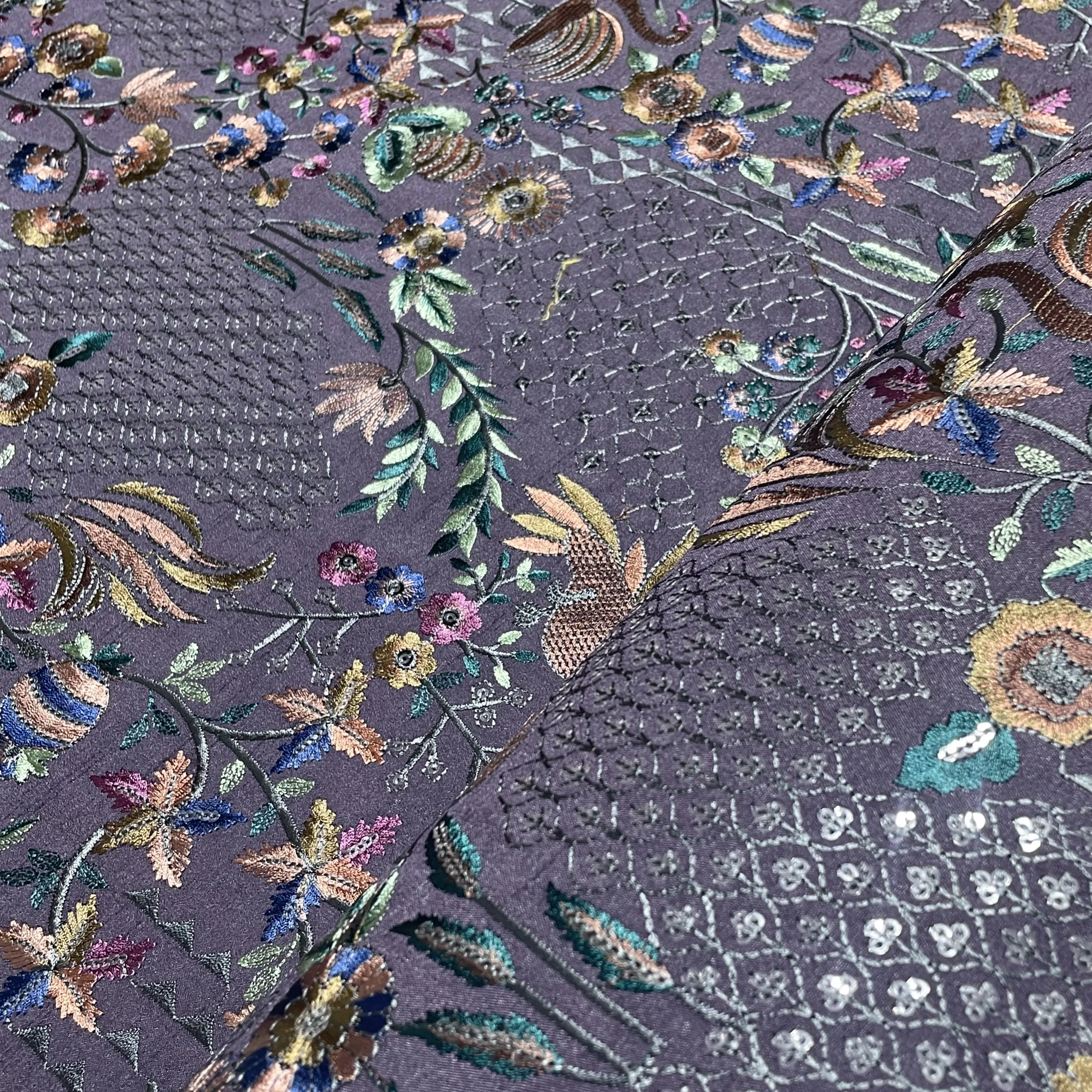Purple Thread Embroidery Russian Silk Fabric 18451