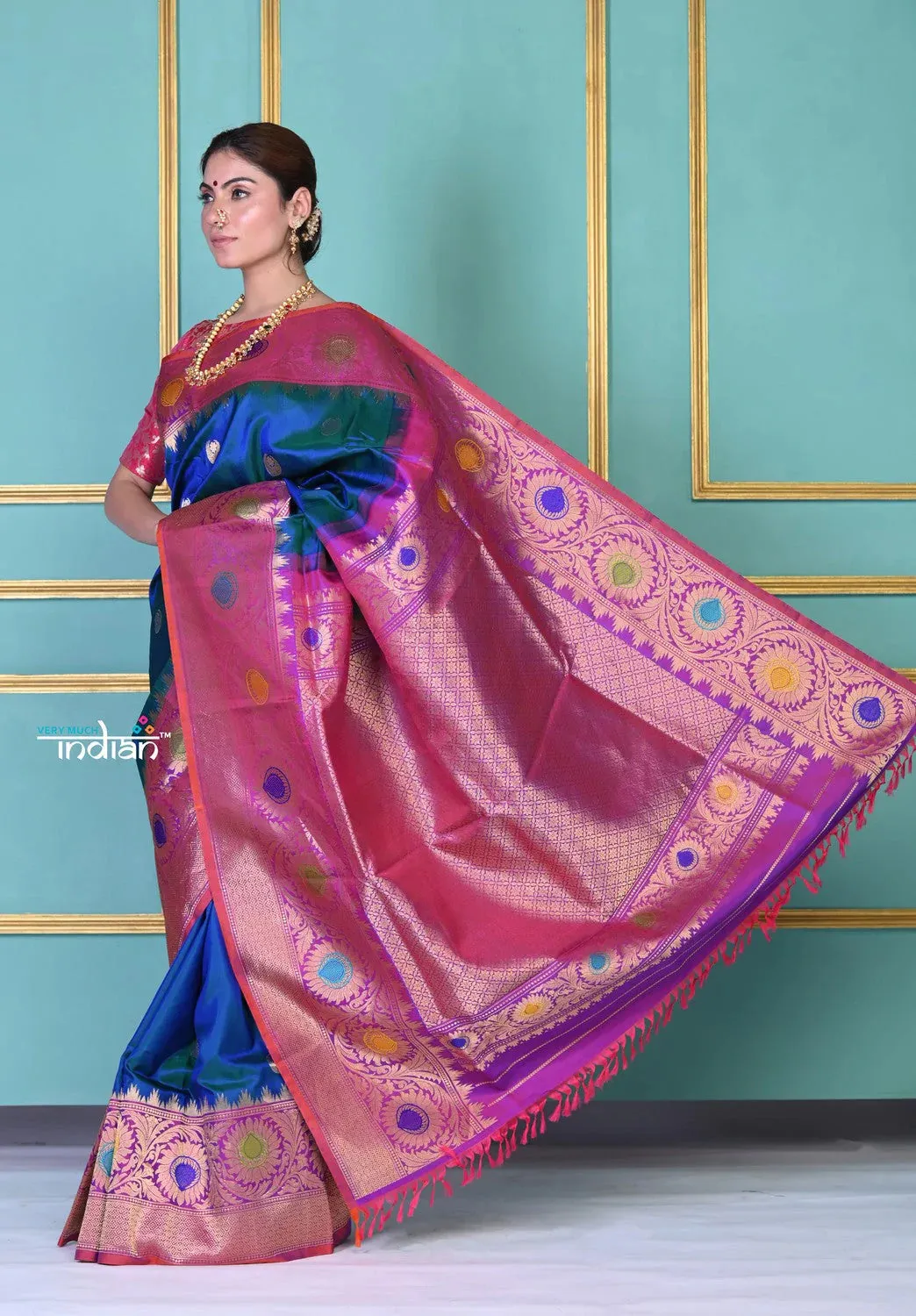 ROYAL WEAVE! Gadwal Pure Silk Royal BlueTraditional Handloom Saree With Heavy Zari Pallu