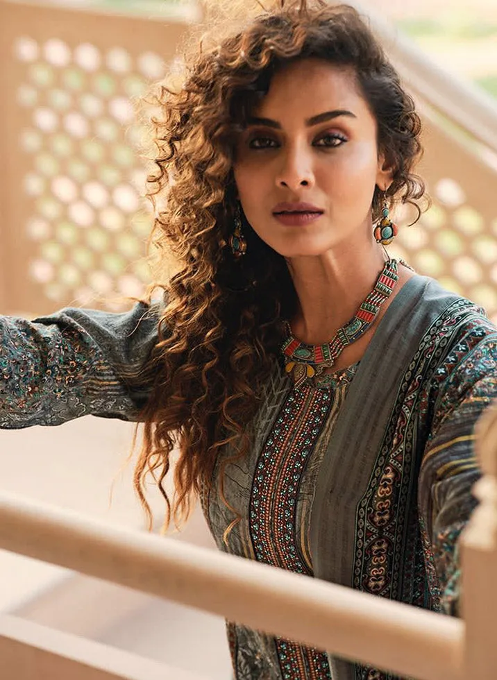 Sadhana Cotton Silk Embroidered Women Unstitched Suit Material Grey