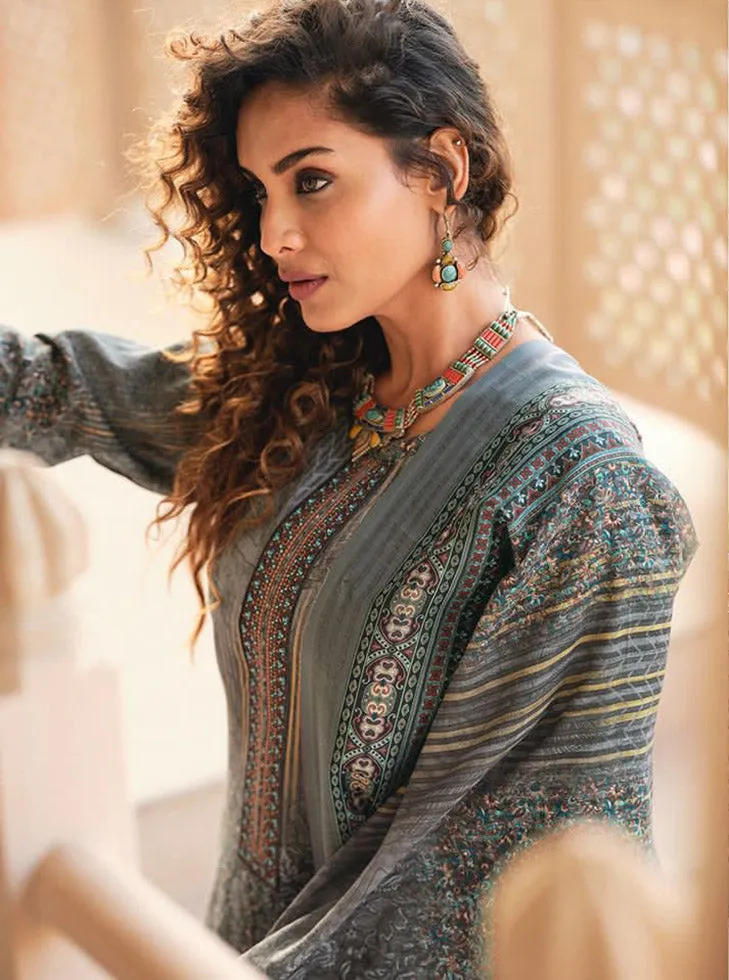 Sadhana Cotton Silk Embroidered Women Unstitched Suit Material Grey