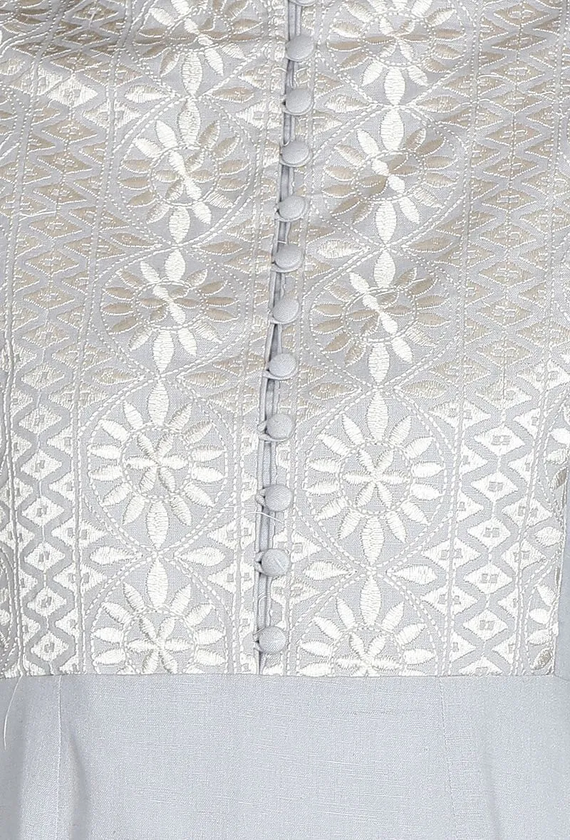 Set of 2: Grey Kurta & Pallazo With Kantha Embroidery