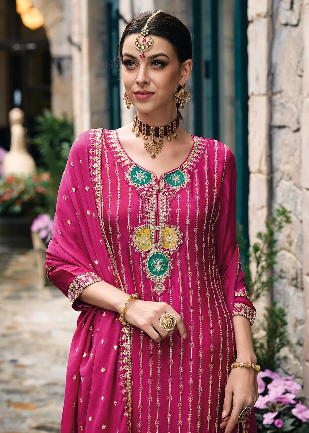 Trendy Heavy Chinnon Pink Embroidered Palazzo Suit