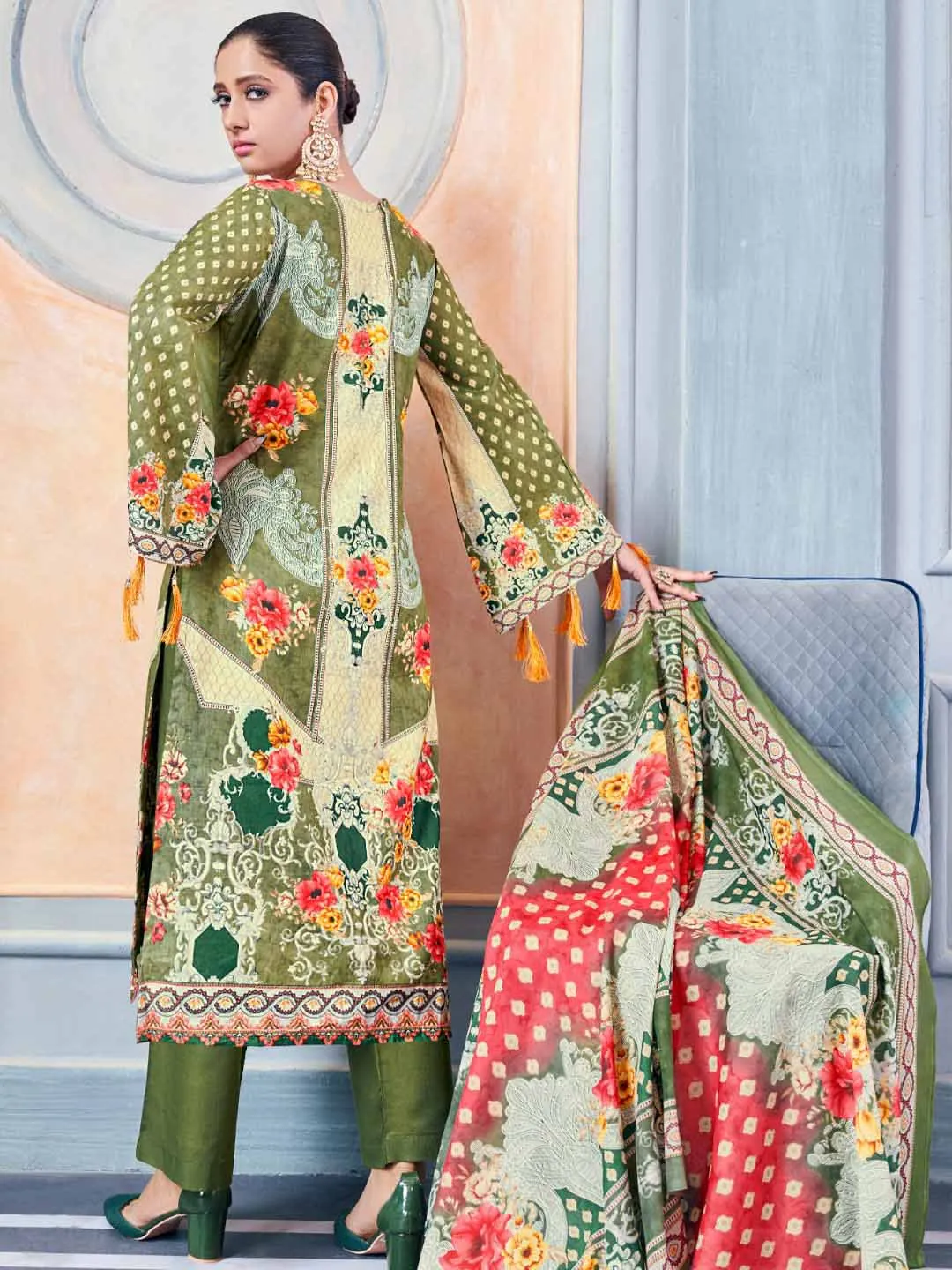 Unstitched Pakistani Print Cotton Suit Fabric with Embroidery Green