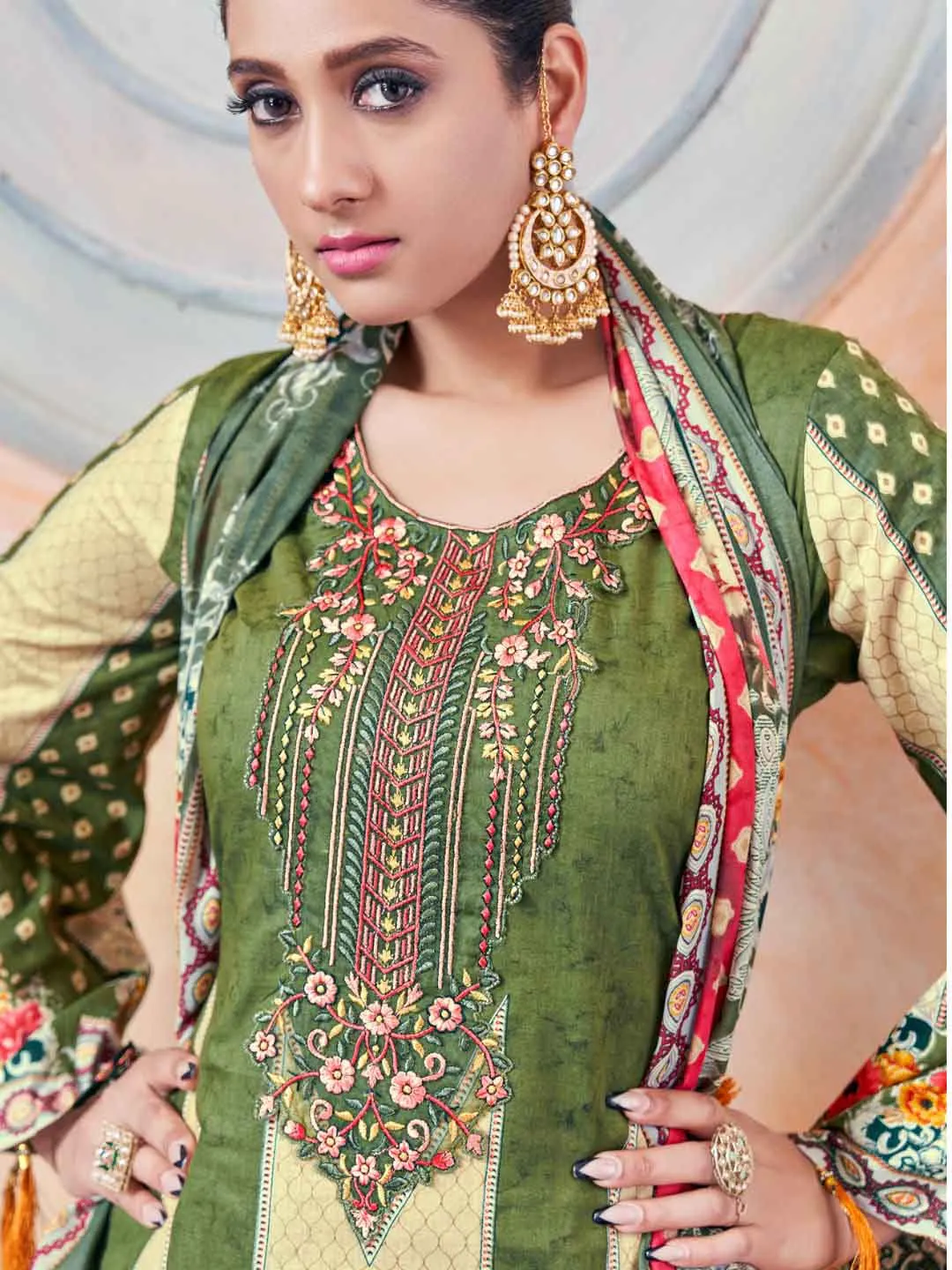 Unstitched Pakistani Print Cotton Suit Fabric with Embroidery Green