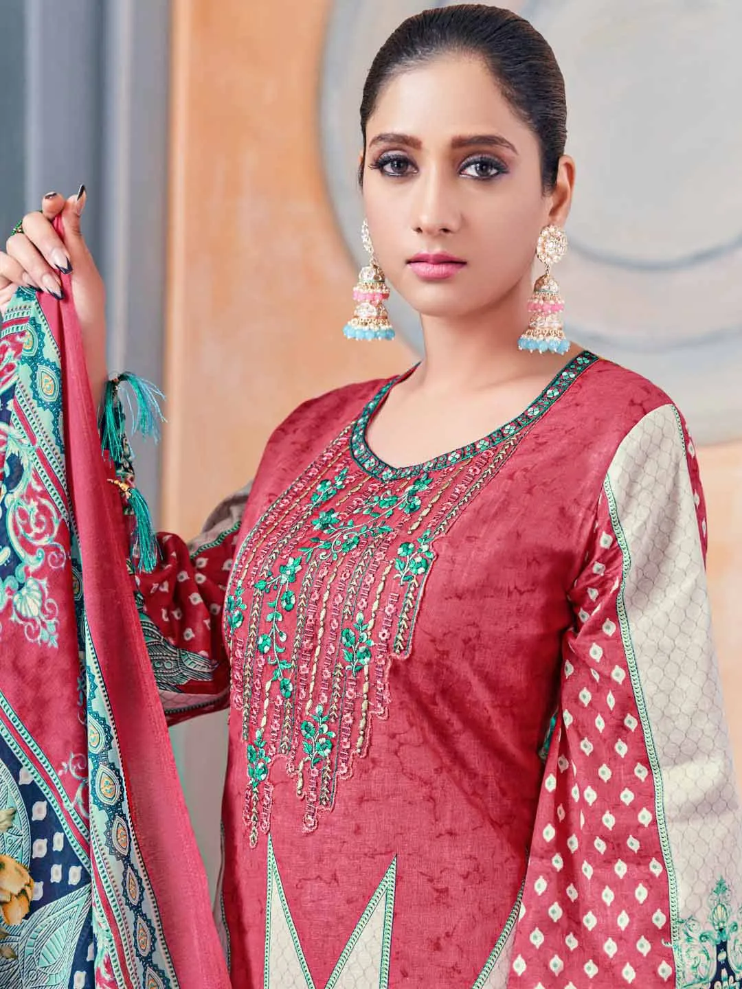 Unstitched Pakistani Print Cotton Suit Fabric with Embroidery Pink