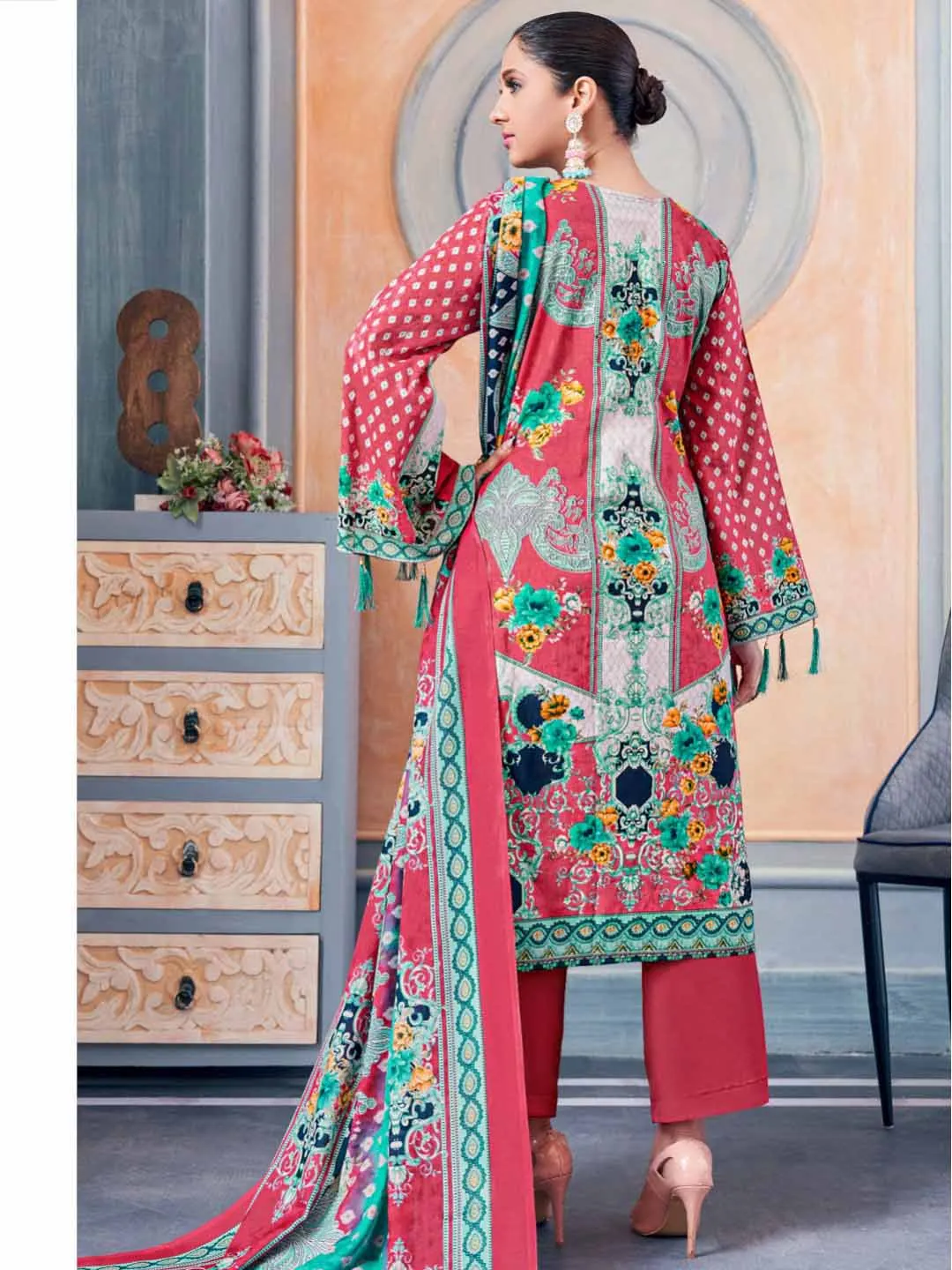 Unstitched Pakistani Print Cotton Suit Fabric with Embroidery Pink
