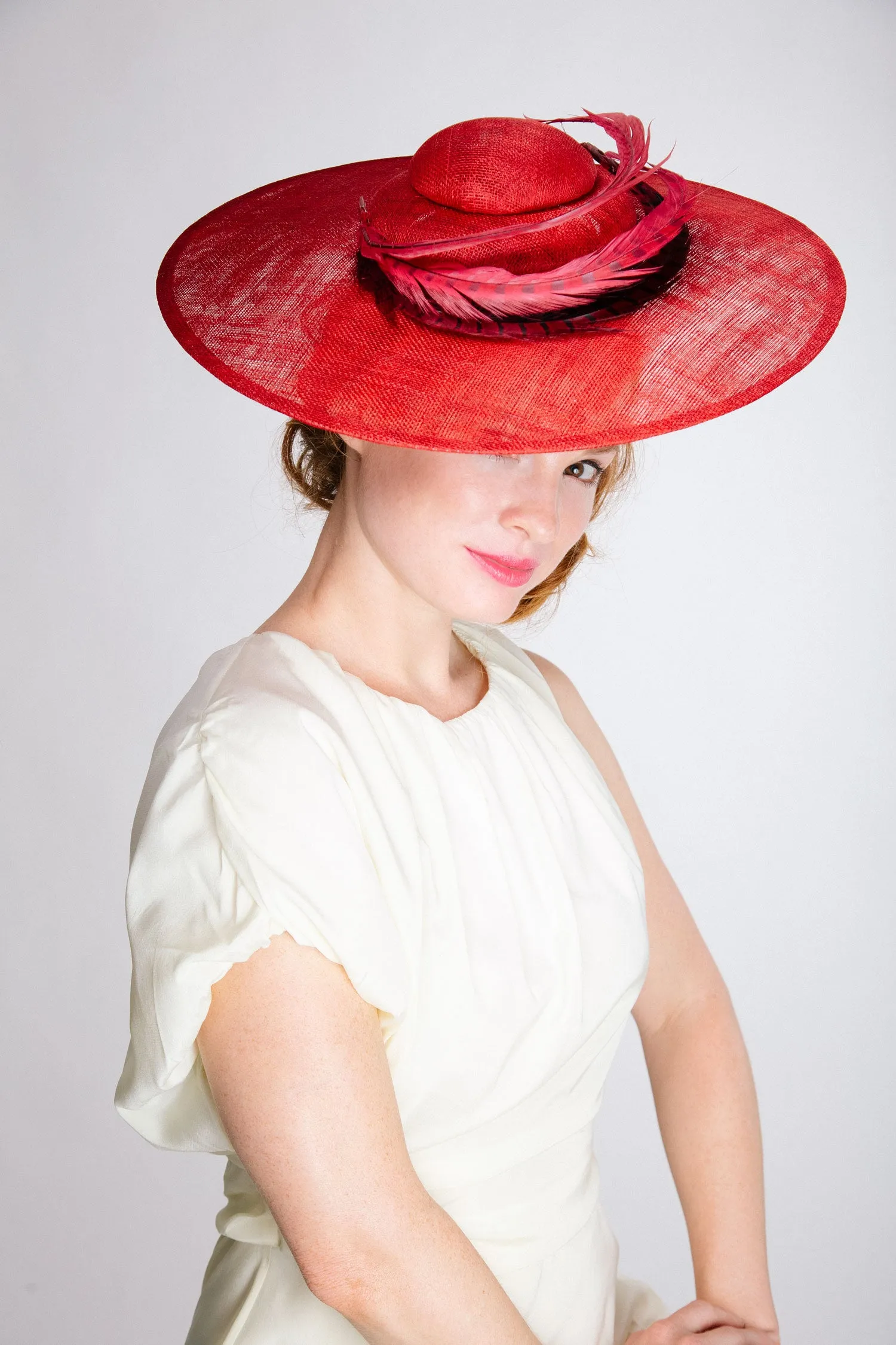 Zanzara Red Disc Derby Hat with Feathers